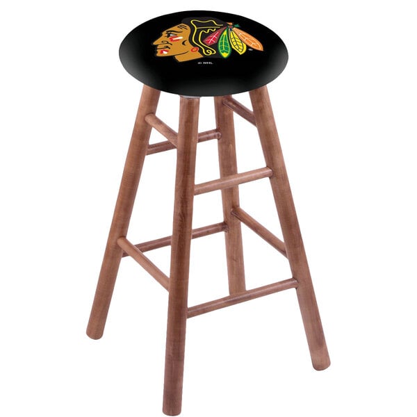 A wooden Holland Bar Stool with a black seat and Chicago Blackhawks logo.