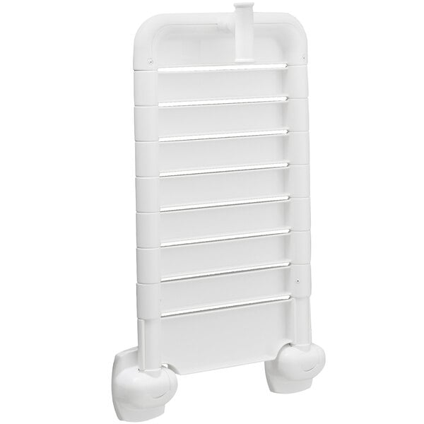 A white vinyl-coated folding bathtub seat with white text on it.