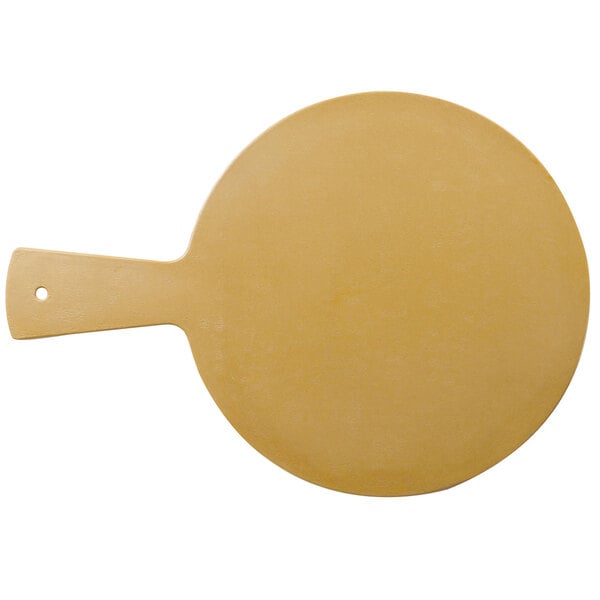 A round rattan serving board with a handle.