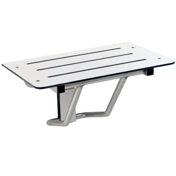 A white and black Bobrick phenolic folding shower seat with a metal frame.