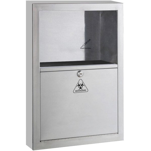 A stainless steel rectangular surface-mounted sharp disposal container with a biohazard sign.