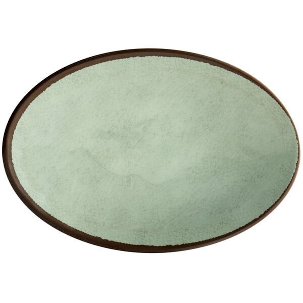 A white melamine oval plate with a brown crackle border.