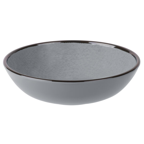 A close-up of a grey Elite Global Solutions round crackle bowl with a black rim.