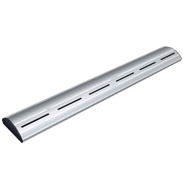 A silver metal Hatco curved infrared food warmer with black holes and LED lights.
