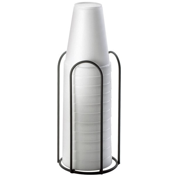 A white cup holder with black handles.
