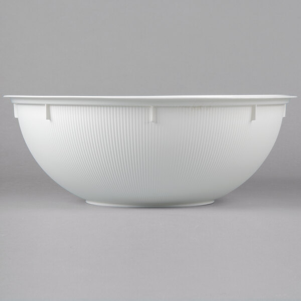 A white Fineline high profile plastic bowl.
