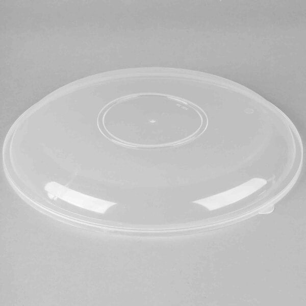 A close up of a clear plastic Fineline catering bowl lid with a round top.