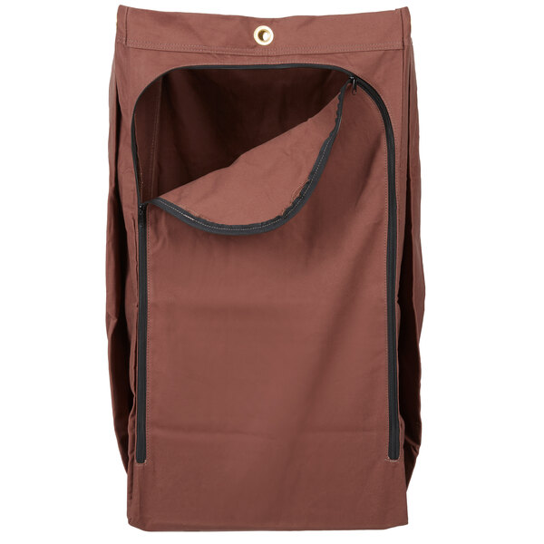 A brown housekeeping cart bag with a black zipper.