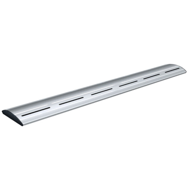 A silver metal Hatco curved strip with holes.
