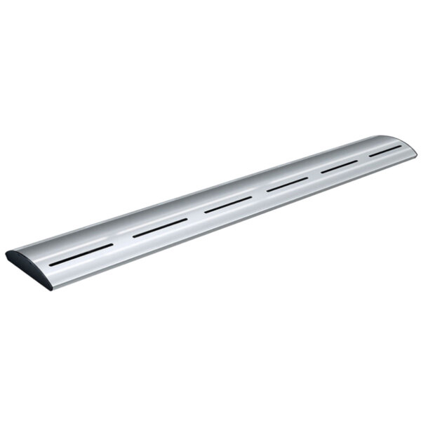 A long silver metal Hatco strip warmer with a curved white metal beam.