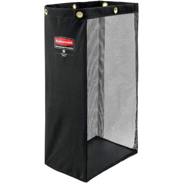 A black Rubbermaid mesh linen bag with yellow buttons.