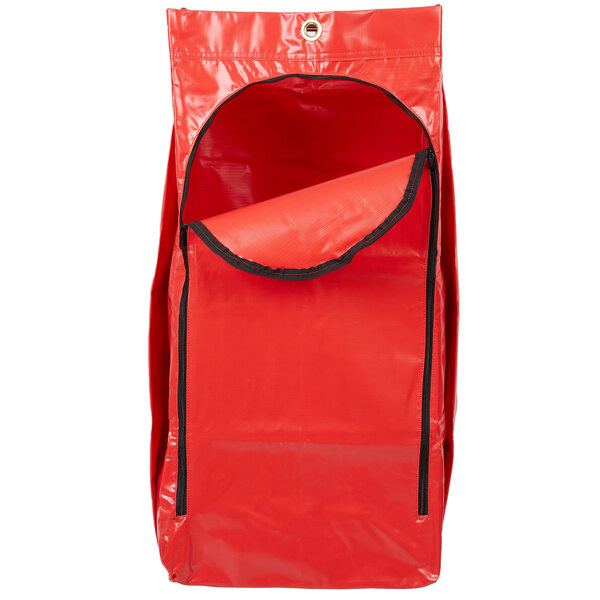 A red bag with black trim and a black zipper.