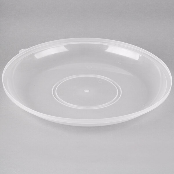 A clear plastic catering bowl lid with a high dome.