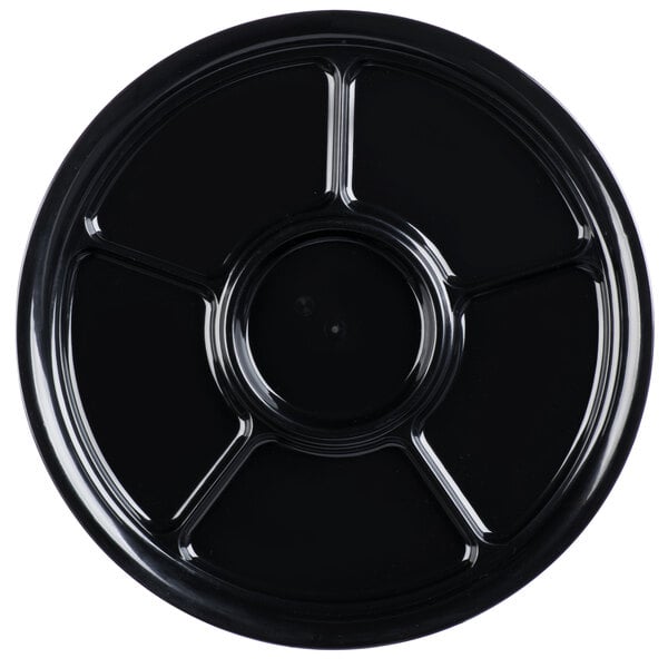 A black circular plastic tray with six sections.