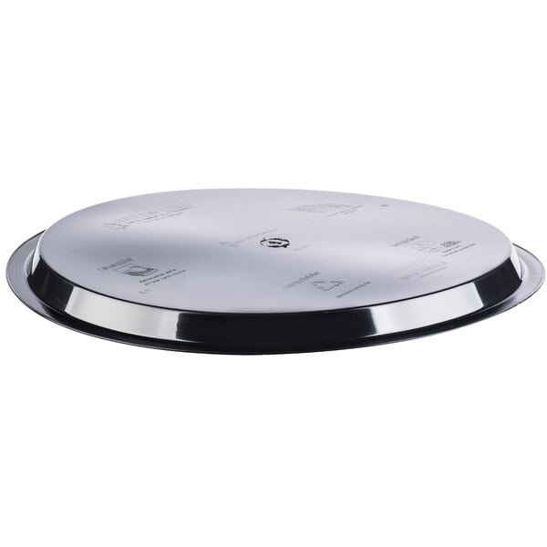 A close-up of a Fineline black plastic catering tray with a high rim.