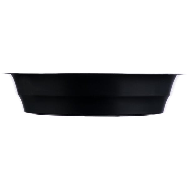 A black Fineline low profile plastic serving bowl.