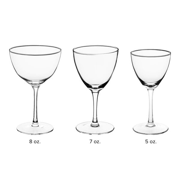 An Acopa Deco Nick and Nora martini glass with a stem and measurements on it.