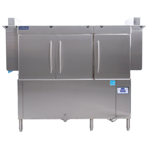 A Jackson RackStar stainless steel conveyor dishwasher with two doors.