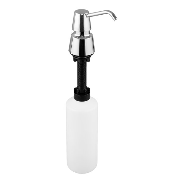 A white rectangular soap dispenser with a white bottle and chrome pump.