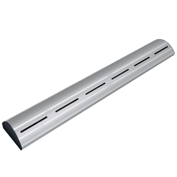 A silver metal Hatco curved infrared strip with three holes.