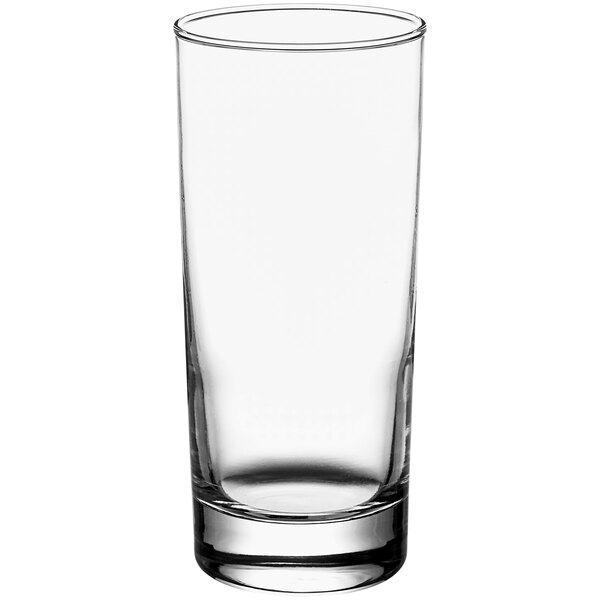 An Acopa Straight Up beverage glass filled with a clear liquid on a white background.