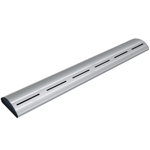 A silver metal curved beam with holes.