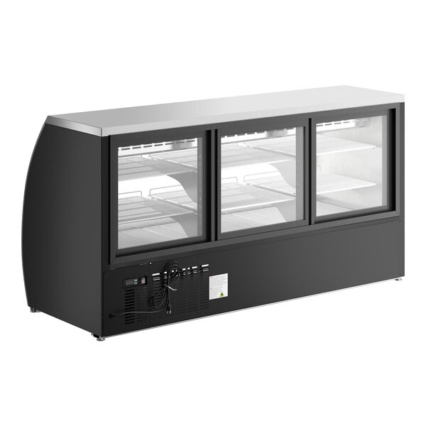 An Avantco black refrigerated deli case with curved glass doors.