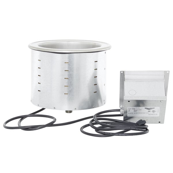 A silver stainless steel Vollrath drop-in soup well with black wires.
