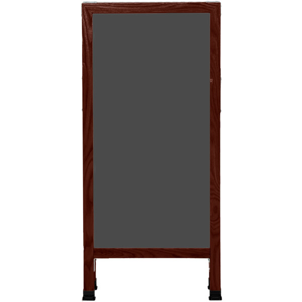 A cherry wood A-Frame sign with a black chalkboard.