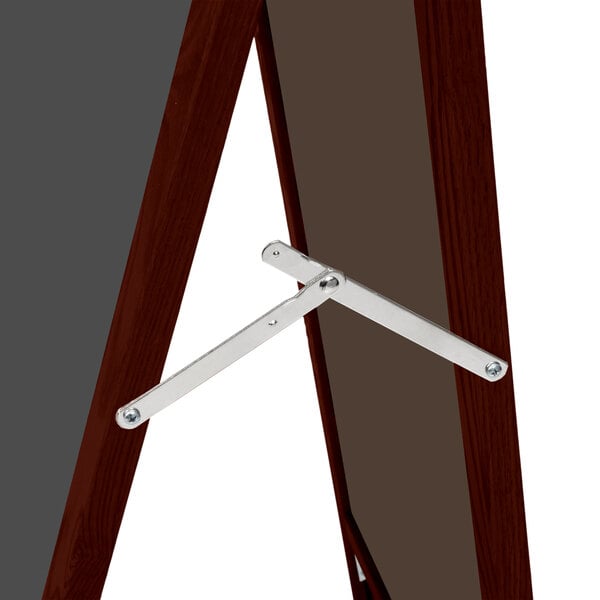 A wooden A-frame sign board with a metal bracket.