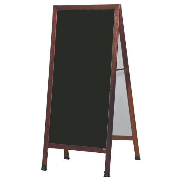 A cherry wood A-frame sign board with a black porcelain board.