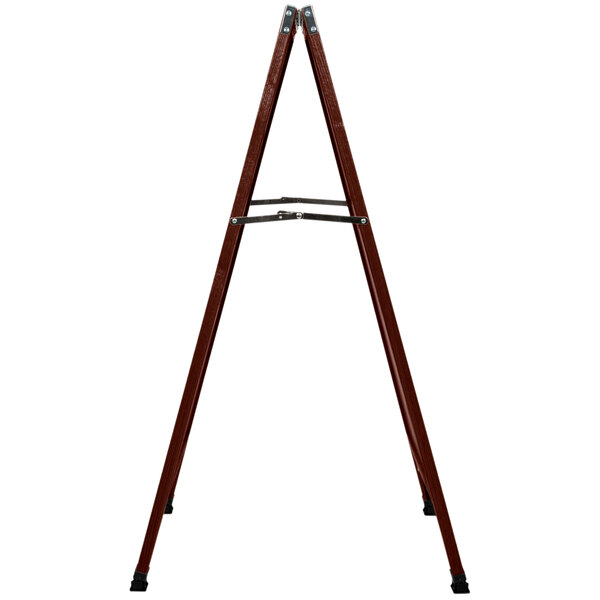 A wooden A-Frame sign board with a metal frame and black marker board.