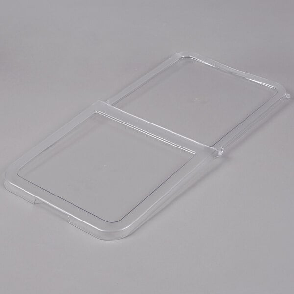 A clear plastic lid with two sections for a Cambro ingredient bin.