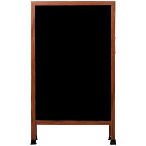 A cherry wood A-frame sign with a black write-on board.