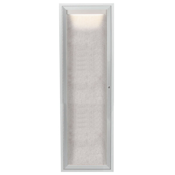 A white rectangular Aarco enclosed bulletin board with LED lighting.