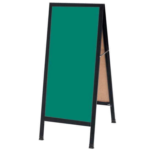 A black A-Frame sign board with a green write-on chalk board.