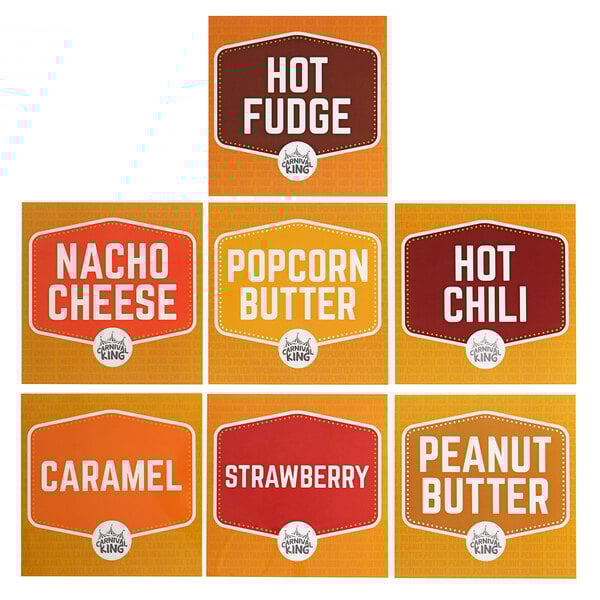 A Carnival King condiment warmer set with a ladle and a sign with white text.