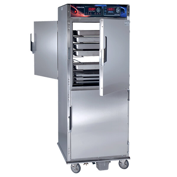 A stainless steel Cres Cor pass-through rethermalization oven with doors open.