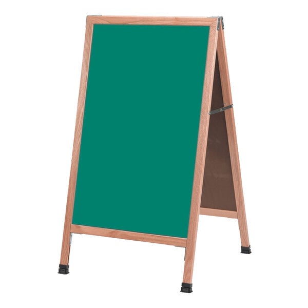 An oak A-Frame sign board with a green write-on chalkboard.