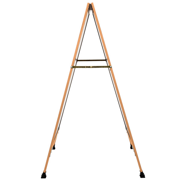 An Aarco oak A-frame sign board with a black metal frame.