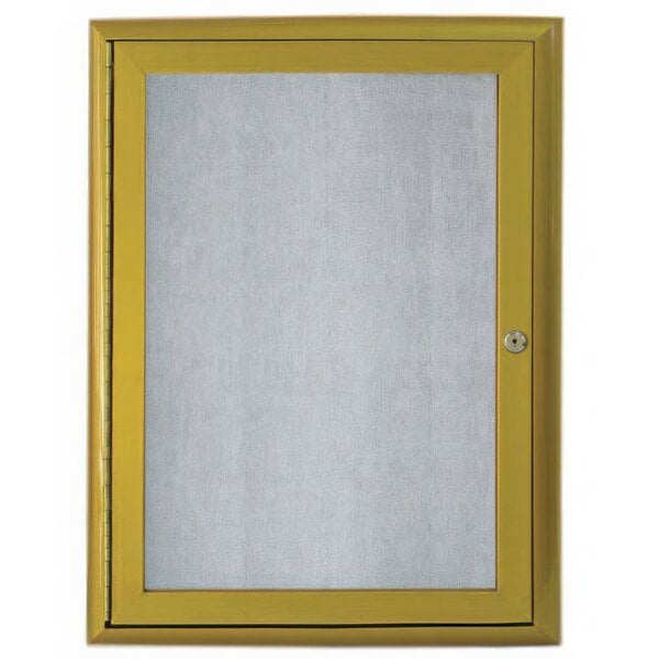 A white waterfall style frame on a yellow enclosed Aarco bulletin board.