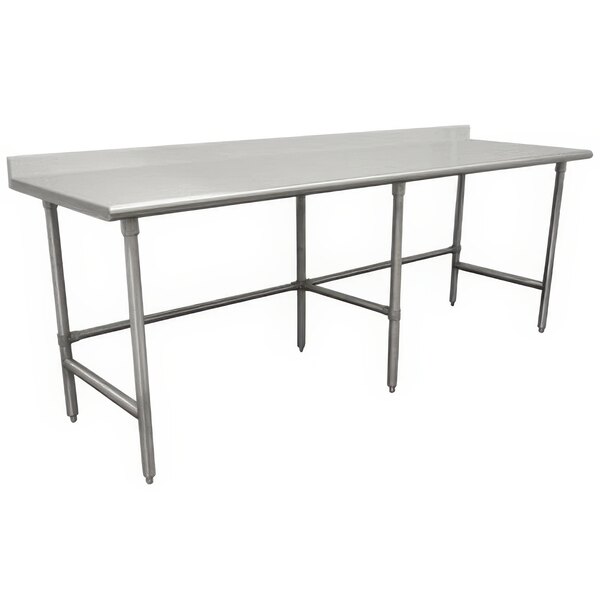 An Advance Tabco stainless steel work table with an open base and backsplash on legs.