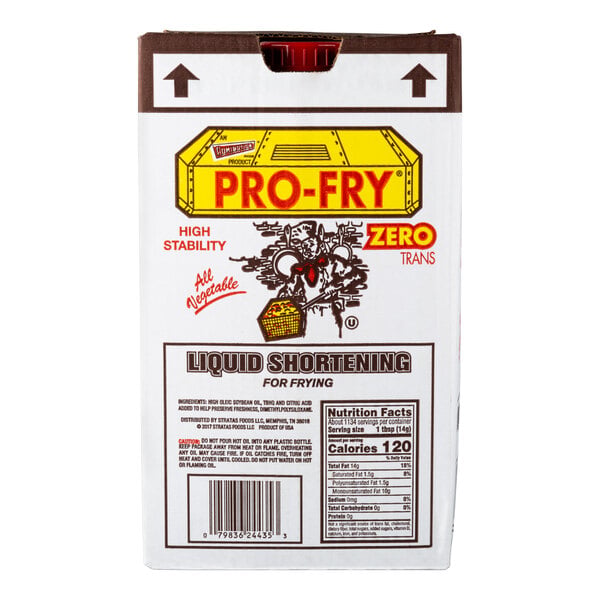 A large rectangular box labeled 'PRO-FRY' containing liquid shortening for frying, with nutritional information and product details printed on the front.