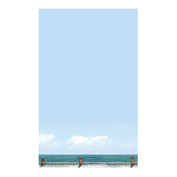 An illustration of a seaside port with a wooden dock in the foreground, calm ocean water, and a clear blue sky with a few clouds.