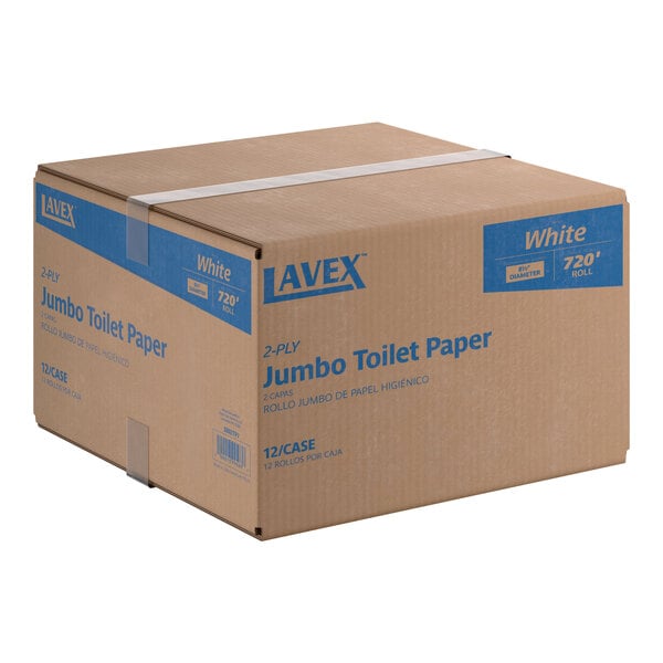 A cardboard box containing 12 rolls of Lavex 2-ply jumbo toilet paper, each roll measuring 720 feet with a 9-inch diameter.