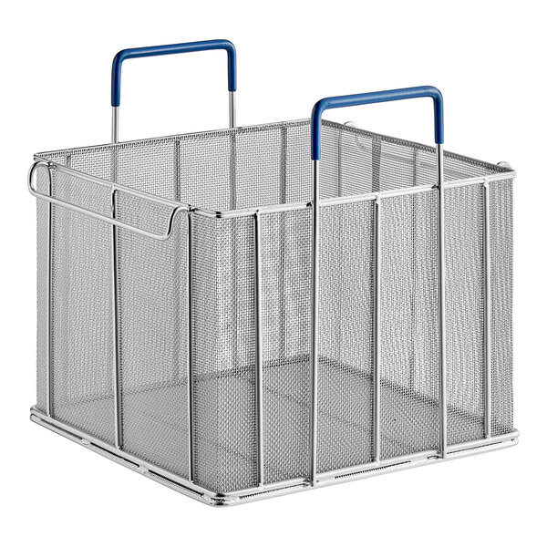 A stainless steel wire pasta basket with blue handles.