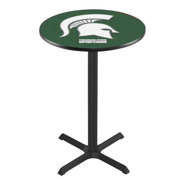 A Holland Bar Stool Michigan State University pub table with a green surface and the Spartans logo.