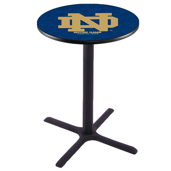 A Holland Bar Stool University of Notre Dame logo pub table with a blue top and black base.