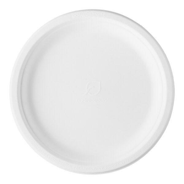 A white Eco-Products compostable sugarcane paper plate with a logo on it.