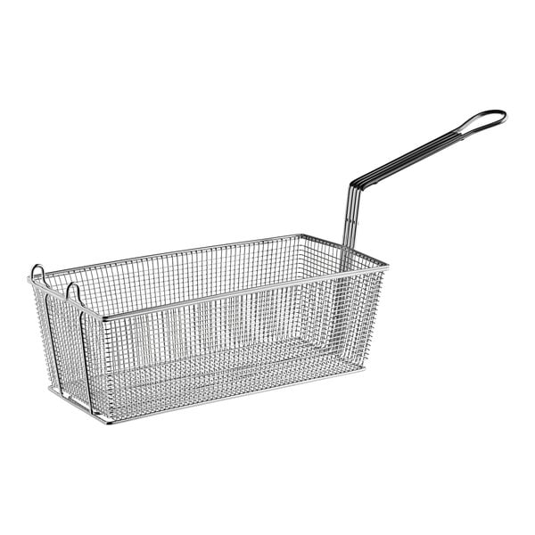An Anets stainless steel twin fryer basket with a front hook.